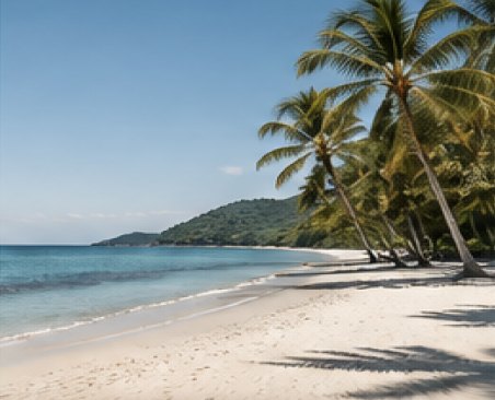 Palm trees leaning over a white sand beach