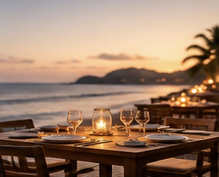 Candlelit seaside dining tables at dusk