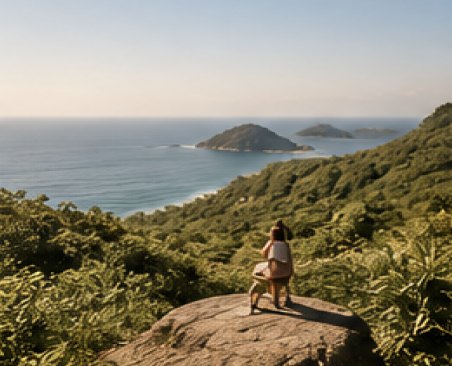 Hiker resting on a rock above a green coastline