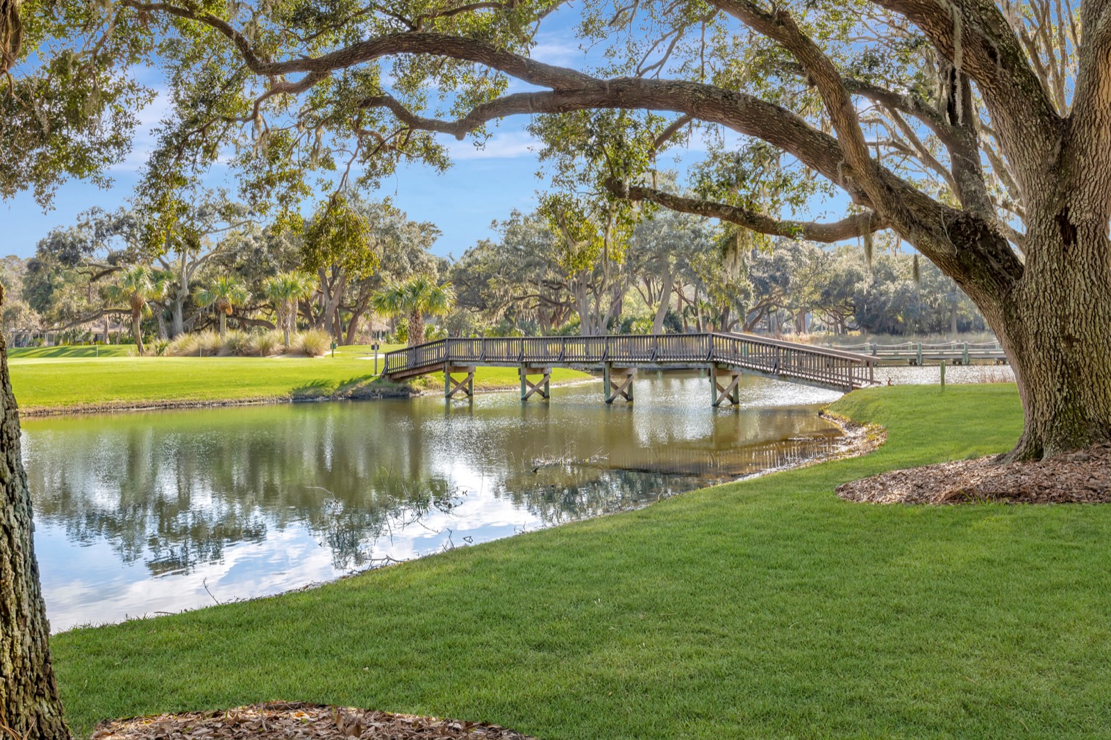 Wooden bridge over a lagoon under live oaks